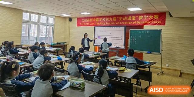 An educator stands at a whiteboard, teaching a focused group of students seated at modular desks in a modern, bright classroom at Hefei High-tech Sino-Canadian School.