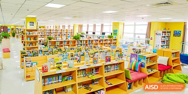 A vibrant, well-organized primary school library features low wooden bookshelves filled with colorful books for young readers at Hefei High-tech Sino-Canadian School.