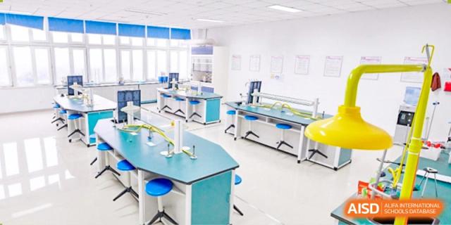 A clean, modern science laboratory is equipped with blue hexagonal tables and specialized equipment for student experiments at Hefei High-tech Sino-Canadian School.