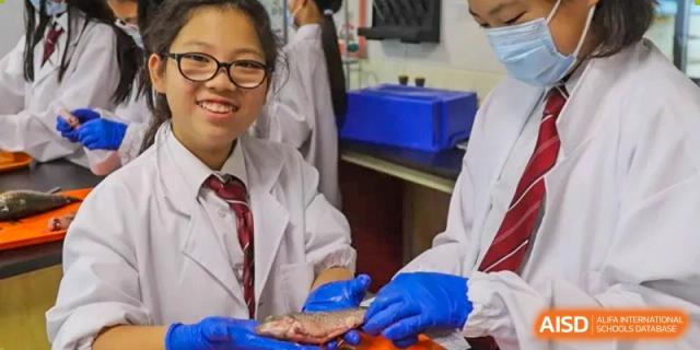 Students from The British School of Nanjing wearing lab coats and blue gloves, working with a specimen in a science class.