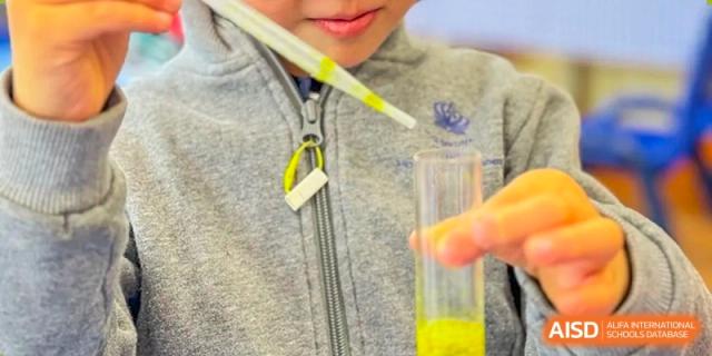 A student from The British School of Nanjing using a yellow pipette to add liquid to a test tube.