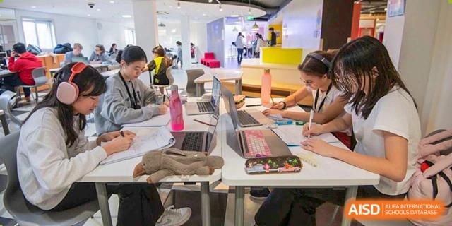 Western Academy of Beijing students sit at a table, collaborating on a project with laptops and books.