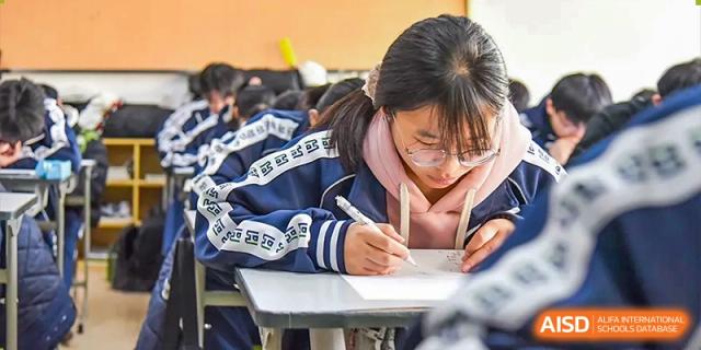 A close-up of a female student in a blue jacket writing intently on a paper during a focused class session at Yitian Hudson School.