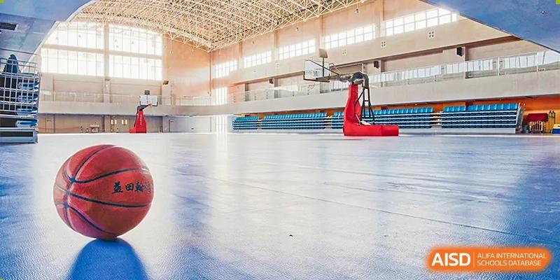 A wide shot of a bright, empty indoor gymnasium with a polished wooden floor, bleachers, and a basketball hoop apparatus in the distance at Yitian Hudson School.