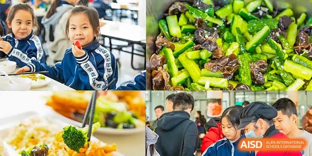 A collage of images showing fresh, chopped green vegetables and students in a dining area, highlighting healthy eating at Yitian Hudson School.