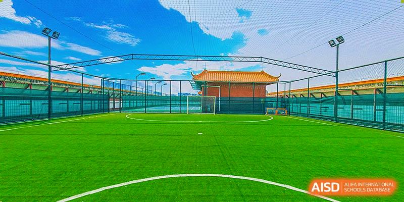 A green sports field on the campus of BASIS International & Bilingual Schools Chengdu, with a volleyball net and building in the background.