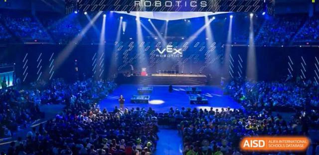 A robotics competition stage with the VEX logo at BASIS International & Bilingual Schools Chengdu.