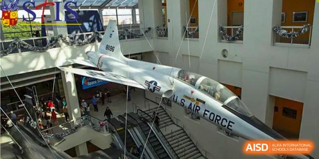 A U.S. Air Force jet is on display in an exhibit hall at Shenyang International School.