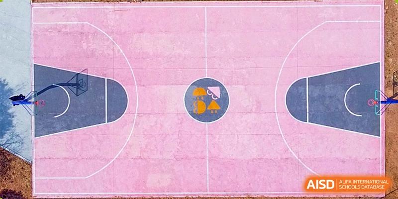 An aerial view of a bright pink sports court from Vindu-Charlie Lakefield College featuring markings and a circular design in the center.