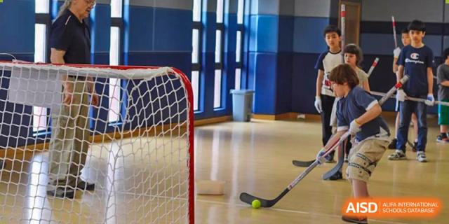 A floor hockey net and sticks on a wooden floor in the Wenzhou Union International School (WUIS) gymnasium.