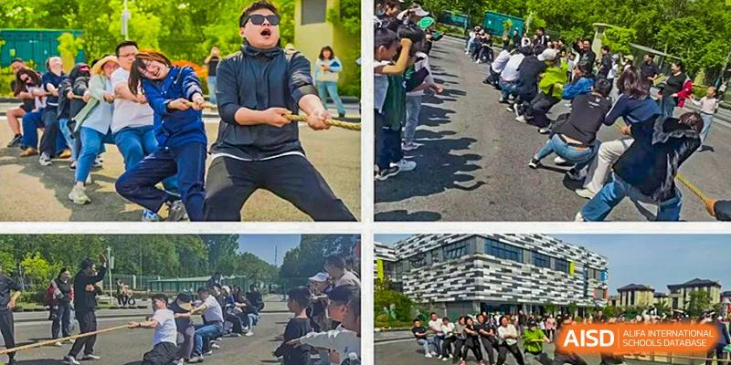 A group of people, likely Yancheng Foreign Language School students, participating in a tug-of-war game and other outdoor group activities.