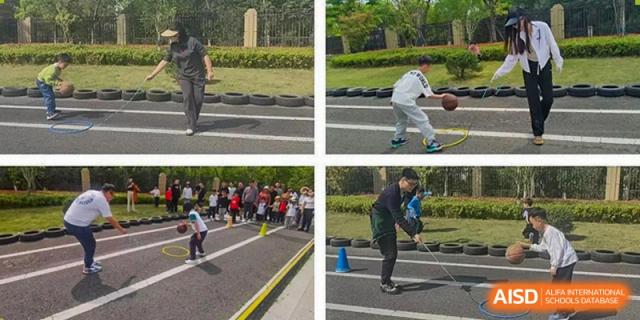Yancheng Foreign Language School students participating in an outdoor driving safety or agility course activity, using tires and cones.