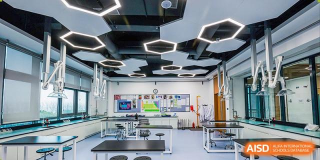 A spacious, well-equipped science laboratory with lab benches, safety equipment, and a unique hexagonal ceiling design at ISA Wuhan International School.