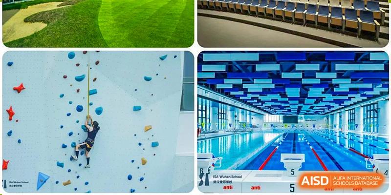 A composite image showing the indoor swimming pool and a rock-climbing wall at ISA Wuhan International School.