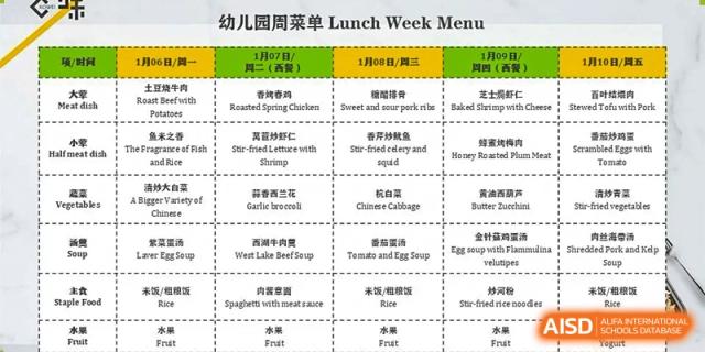 A lunch menu for Changwai Bilingual School, displayed on a document.