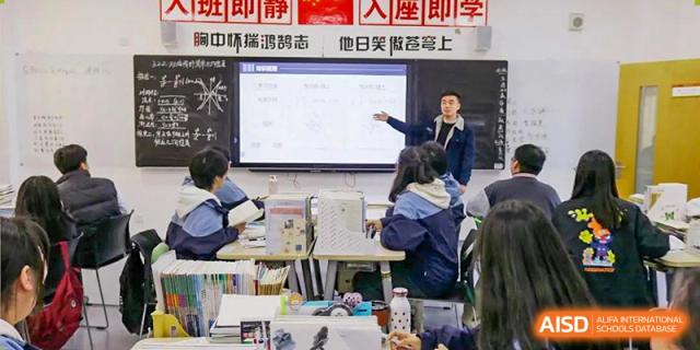 A teacher pointing to a presentation or text on a large digital whiteboard while leading a class discussion at Glocal Elite International School.