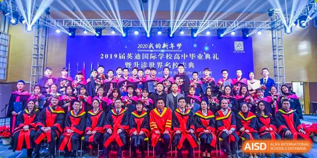 Graduating students and faculty in graduation robes and caps posing for a formal group photo under a banner at Glocal Elite International School.