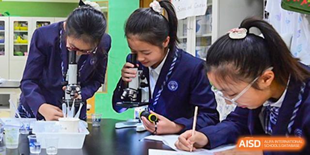 A female student at Wahaha Bilingual School Hangzhou is looking through a microscope in a classroom.