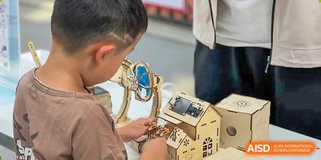 A male student from Beanstalk International Bilingual School Kunming concentrating on assembling a wooden science or engineering kit.