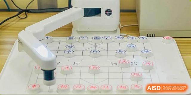A close-up of a Chinese chess or similar board game set up at Beanstalk International Bilingual School Kunming.
