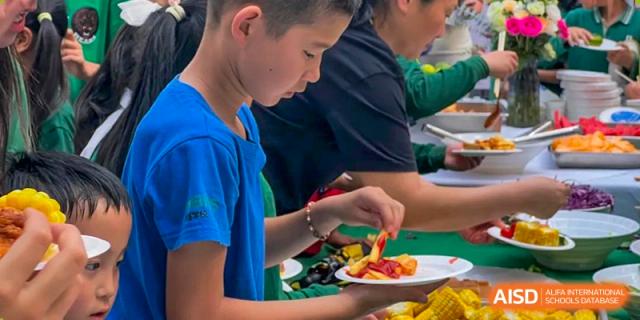 A male student from Beanstalk International Bilingual School Kunming wearing a blue shirt, concentrating on dipping a french fry in ketchup from his plate during a meal or school event.