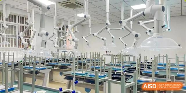 A classroom with dental equipment and multiple chairs at Chengdu Meishi International School.