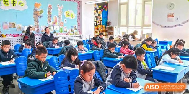 Young Qingdao Cornerstone Bilingual School students sitting at their desks and working on a class assignment.