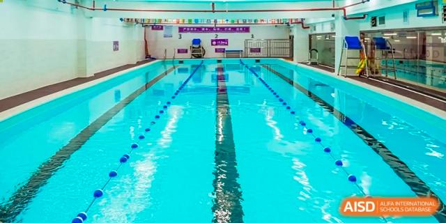 The indoor swimming pool at Tsinglan School, showing the lanes and blue water.