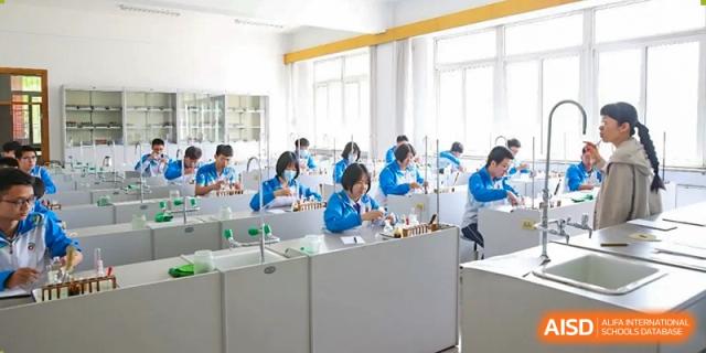 Students from Northeast Yucai Foreign Language School are conducting experiments in a science lab.