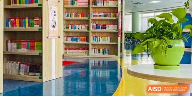 A library with colorful flooring and shelves filled with books is shown at Shanghai Shangde Experimental School.