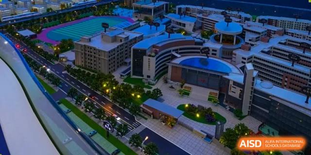 An aerial view of the campus buildings and grounds at Shanghai Shangde Experimental School.