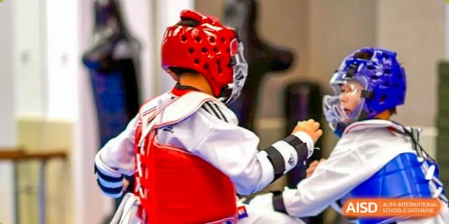 A young student in taekwondo gear and a red helmet is practicing at Shanghai Shangde Experimental School.