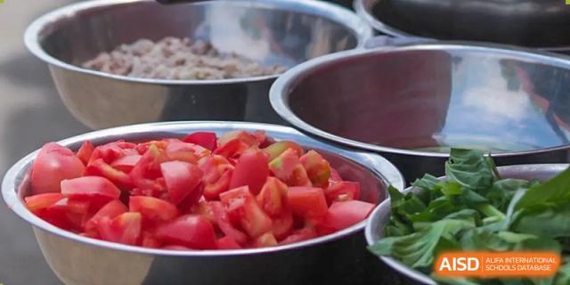 A bowl filled with chopped tomatoes is shown at Shanghai Shangde Experimental School.