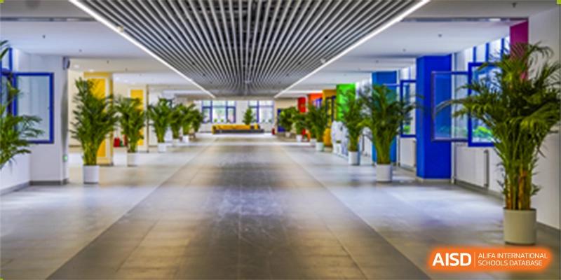 A long, bright, and spacious interior school hallway with natural light and potted plants at Yang Guang Qing International School of Beijing.