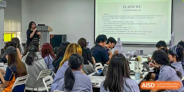 Students working on laptops and listening to a lecture at Yew Wah International Education School of Shanghai Gubei.