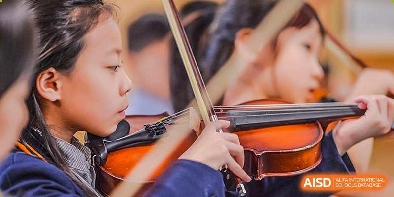 A close-up shot of a student's hands playing a string instrument at Yew Wah International Education School of Shanghai Gubei.