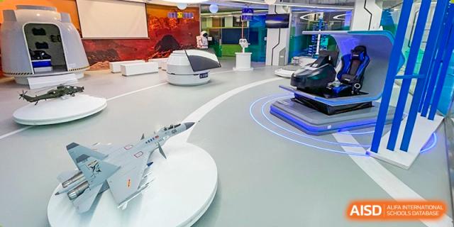 An advanced technology or robotics lab at Shenzhen Foreign Languages GBA Academy with a sleek, futuristic design.