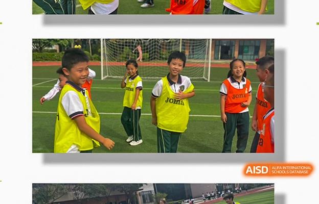 A group of students at Shenzhen Foreign Languages GBA Academy smiling and posing for a picture in their sports uniform on a field.