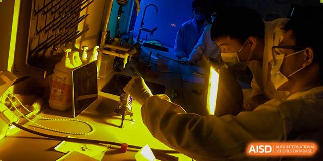 A student from Overseas Chinese Academy of Chiway Suzhou working on an electronics project in a science lab.