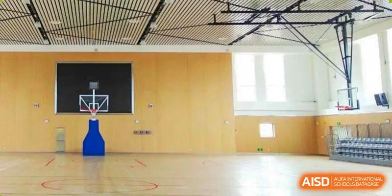 Interior of a newly built, empty classroom or facility with wood paneling at Wuxi Boston International School.