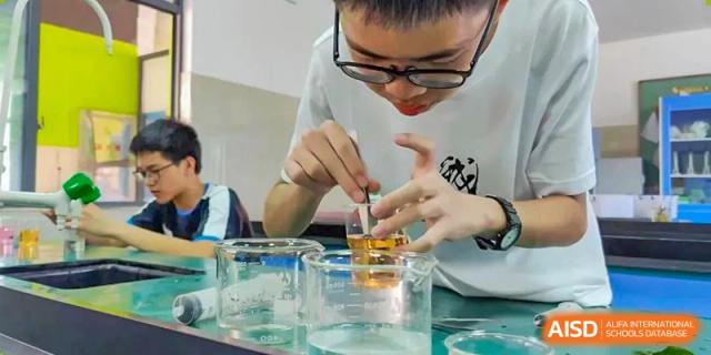A close-up of a student conducting a science experiment, carefully stirring a liquid in a beaker during a lesson, at Ningxiang Country Garden School.