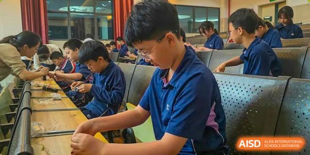 A male student in a blue polo shirt focused on a hands-on learning activity or project at his desk in a classroom, at Ningxiang Country Garden School.