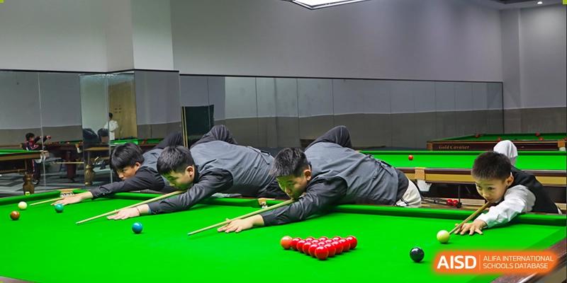 Two students in grey shirts playing snooker on a green table with red balls, focusing on a shot, at Ningxiang Country Garden School.