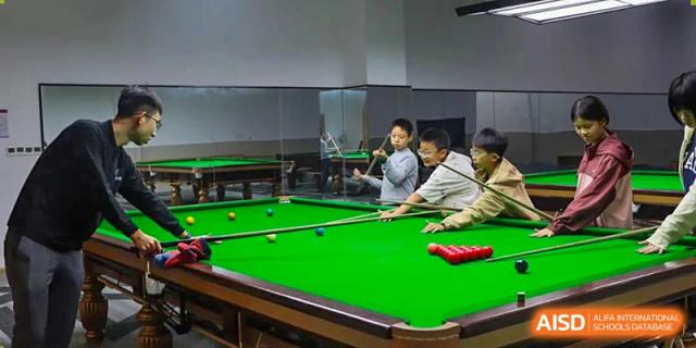 Two students playing billiards or snooker on a green table in an indoor room, at Ningxiang Country Garden School.