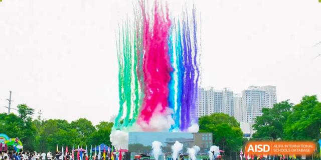 Vibrant plumes of red, pink, green, and blue smoke rising into the air during an outdoor celebration or festival at Changsha WES (Bilingual) Academy.