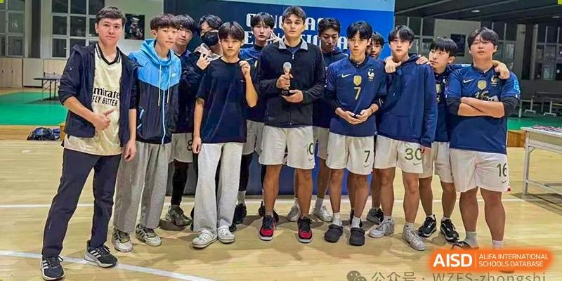 A group of students in sports uniforms standing together at Weihai Zhongshi Foreign School (WZFS).