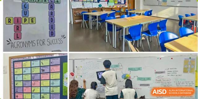 A set of three smaller images showing students at desks, a bright classroom with blue chairs, and students working on a whiteboard at Alcanta International College.