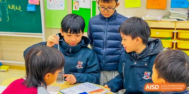 A group of male students from Changsha BeeMee Forest School (CBFS) gathered around a table, looking at papers or a project.