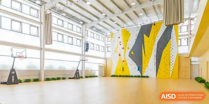 The indoor gymnasium at Changsha BeeMee Forest School (CBFS), featuring a bright yellow and black climbing wall.