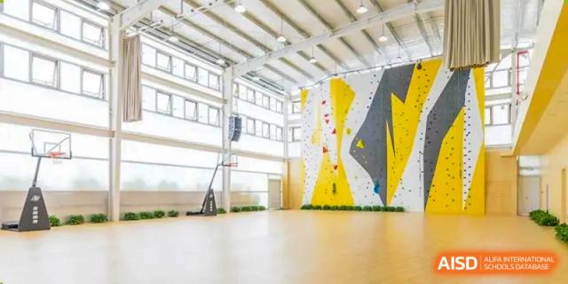 The indoor gymnasium at Changsha BeeMee Forest School (CBFS), featuring a bright yellow and black climbing wall.